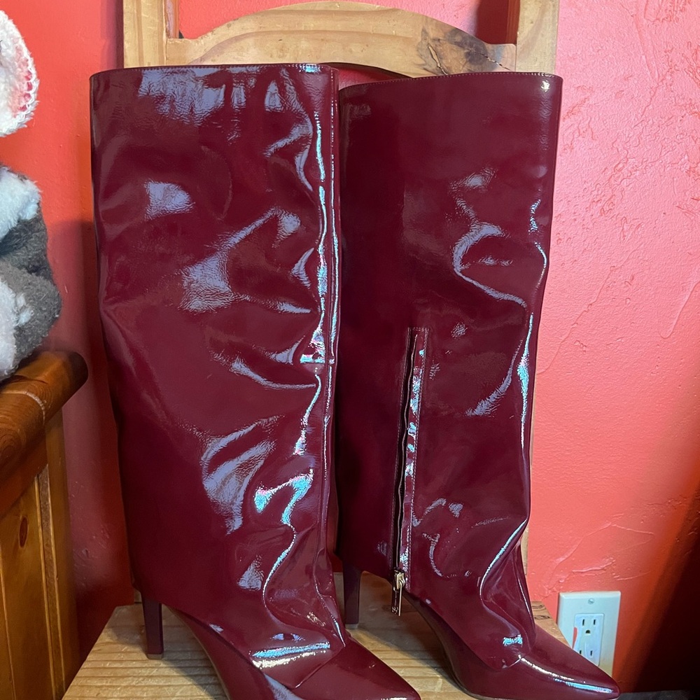 Jessica Simpson Glossy Maroon Heeled Boots NEW never worn